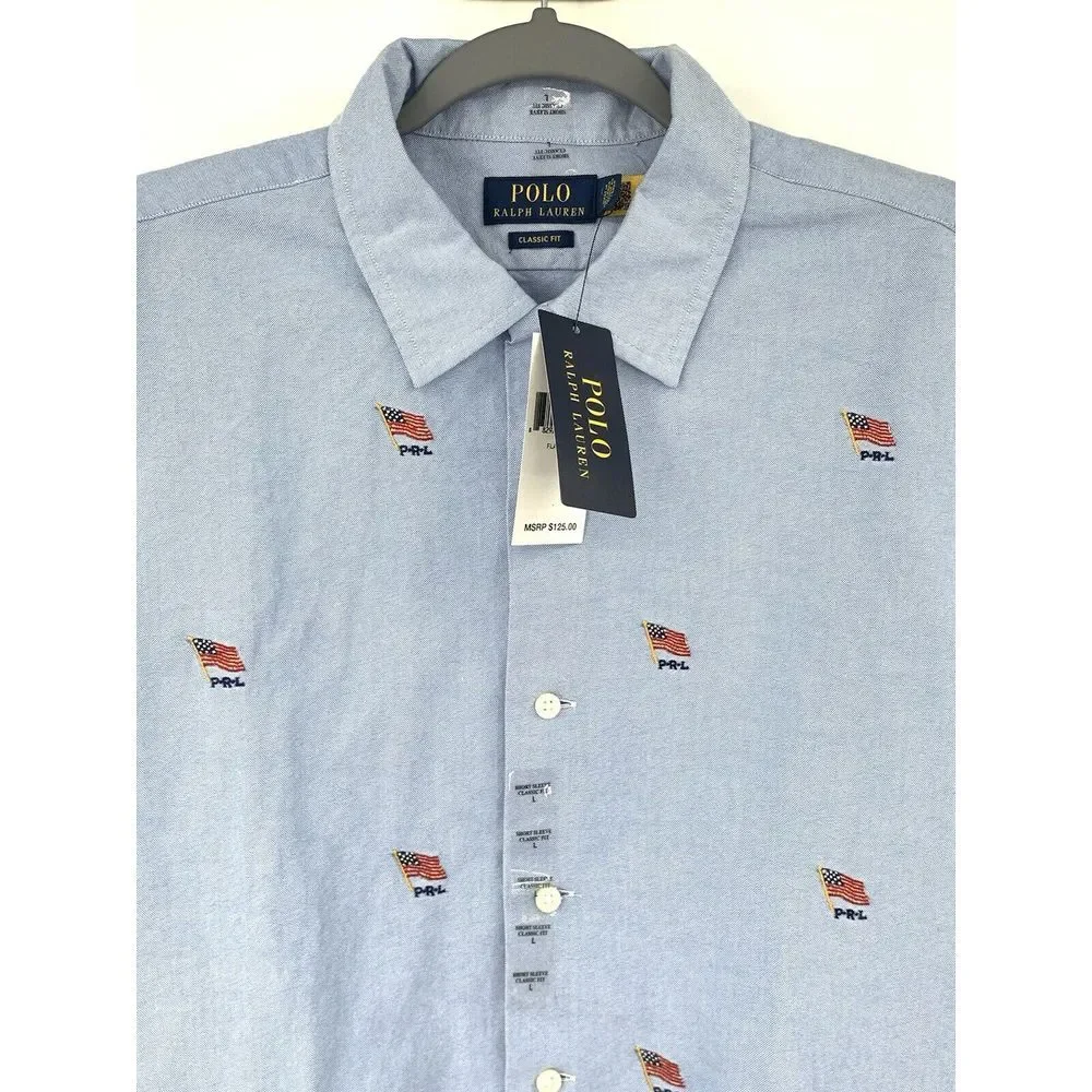 Polo Ralph Lauren Classic Fit Blue Oxford Flag Cotton‎ Mens Button Up Shirt Sz L